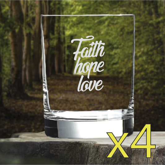 Faith Hope Love Whiskey Glasses x4 Double 14 Oz Premium Old Fashioned Quote NEW