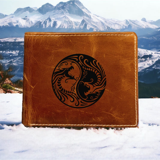 Dragon Yin Yang Leather Wallet Bifold Premium Quality Buffalo NEW