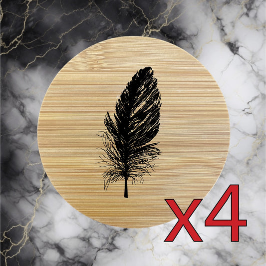 Feather x4 Bamboo Coasters Drink Natural Wood Home Decor Lounge Bird Wild NEW