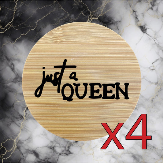 Just a Queen x4 Bamboo Coasters Drink Natural Wood Home Decor Lounge Quote NEW