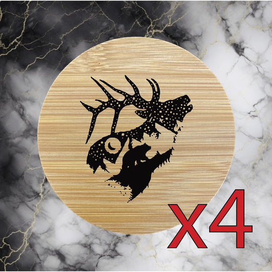 Elk x4 Bamboo Coasters Drink Natural Wood Home Decor Lounge Bear Outdoor NEW