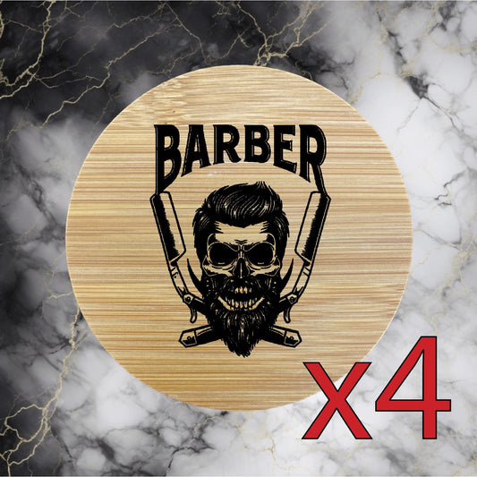 Barber Skull x4 Bamboo Coasters Drink Natural Wood Home Decor Lounge Razor NEW