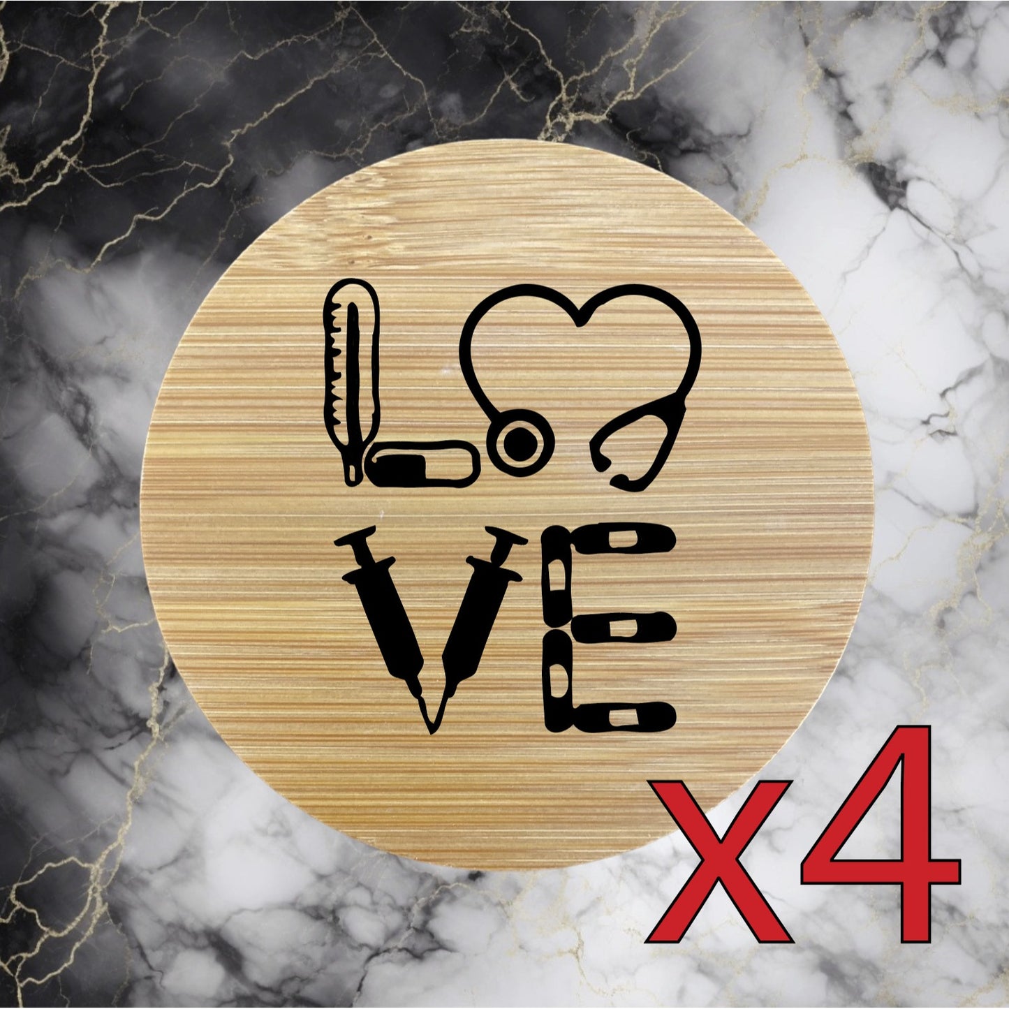 Love Medical x4 Bamboo Coasters Drink Natural Wood Home Decor Lounge Doctor NEW