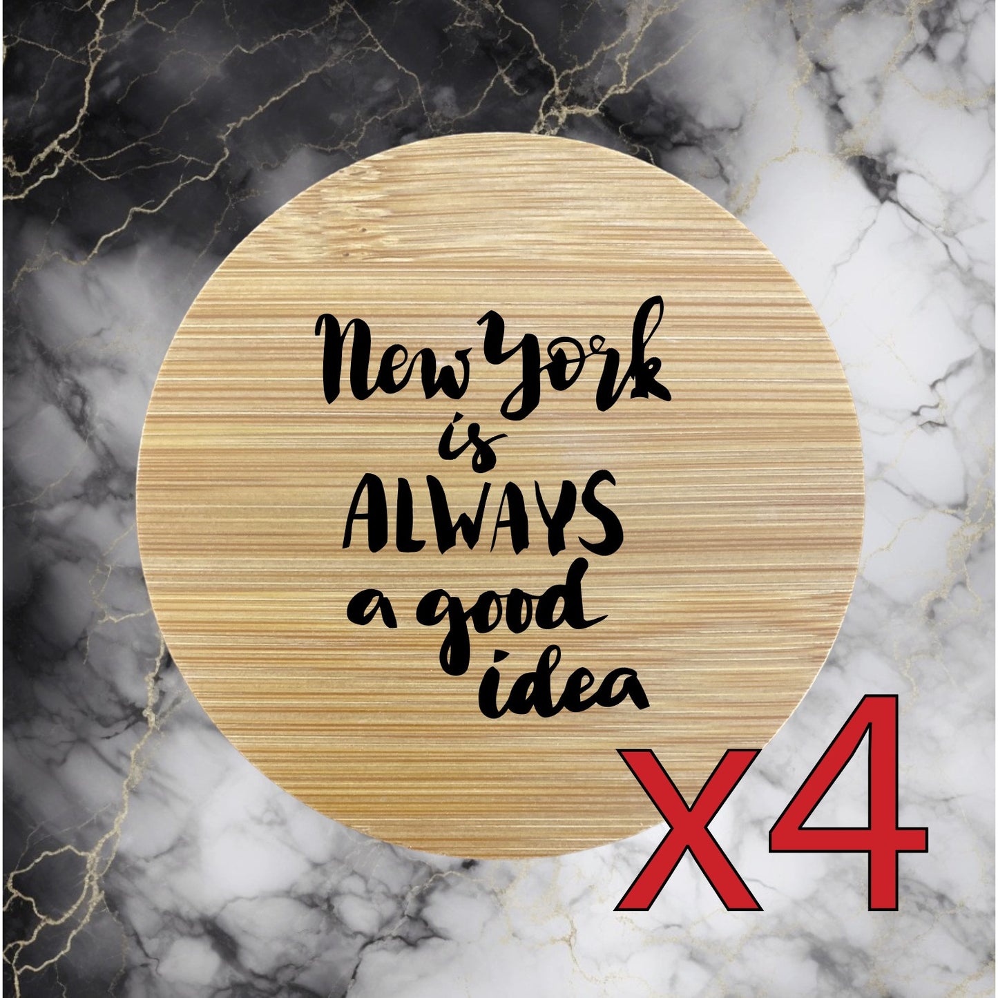 New York x4 Bamboo Coasters Drink Natural Wood Home Decor Lounge Quote NEW