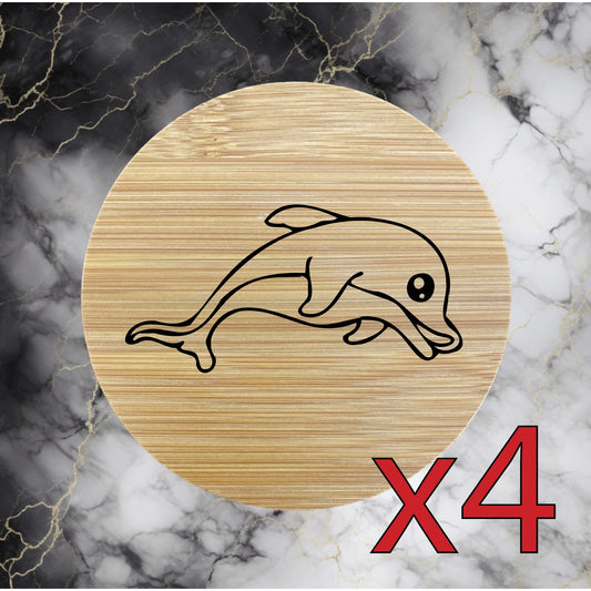 Dolphin x4 Bamboo Coasters Drink Natural Wood Home Decor Lounge Animal Beach NEW