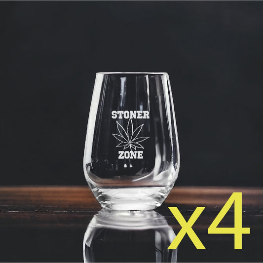 Stoner Zone Stemless Wine Glasses x4 Premium 15 Oz Personalize Weed 420 NEW