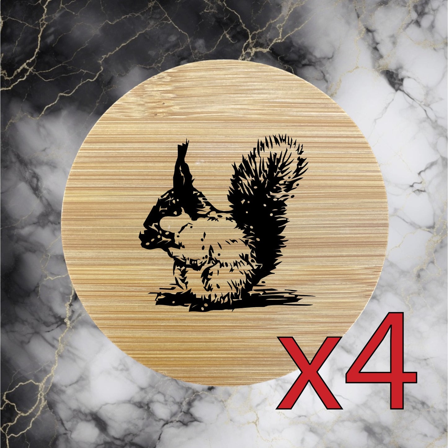 Squirrel x4 Bamboo Coasters Drink Natural Wood Home Decor Lounge Abert's NEW