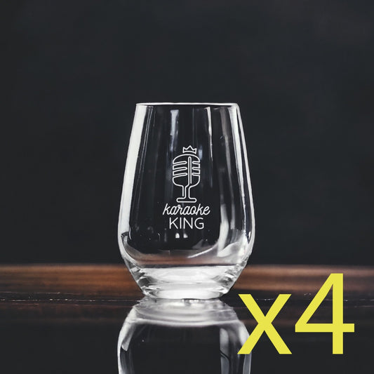 Karaoke King Stemless Wine Glasses x4 Premium 15 Oz Personalize Sing Crown NEW