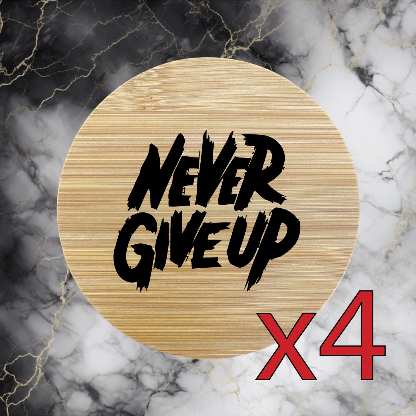 Never Give Up x4 Bamboo Coasters Drink Natural Wood Home Decor Lounge Quote NEW