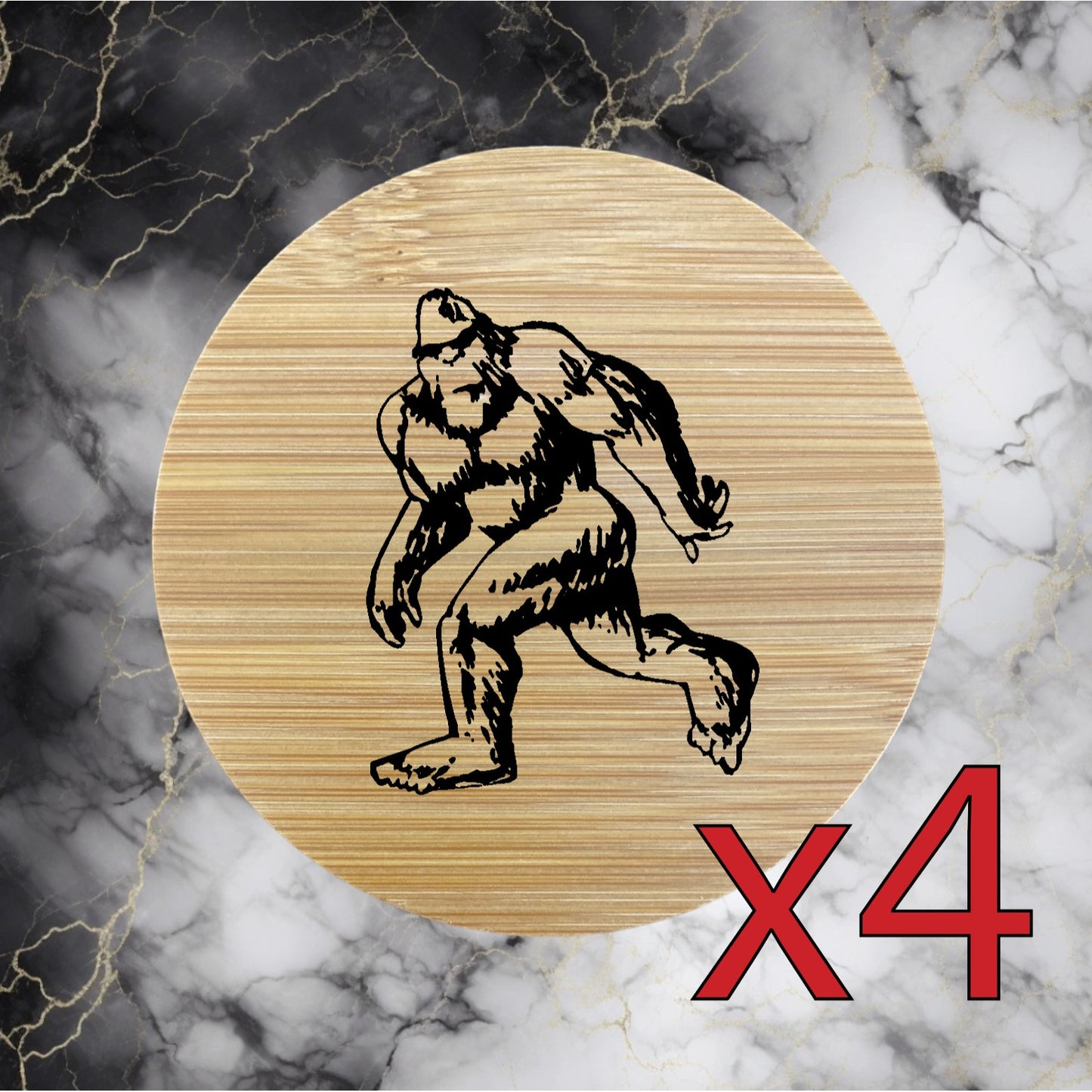 Bigfoot x4 Bamboo Coasters Drink Natural Wood Home Decor Lounge Outdoor Wild NEW