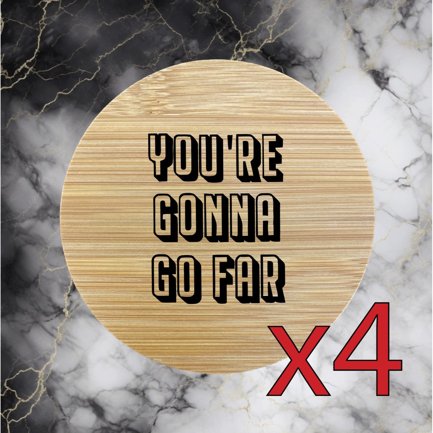 Gonna Go Far x4 Bamboo Coasters Drink Natural Wood Home Decor Lounge Quote NEW