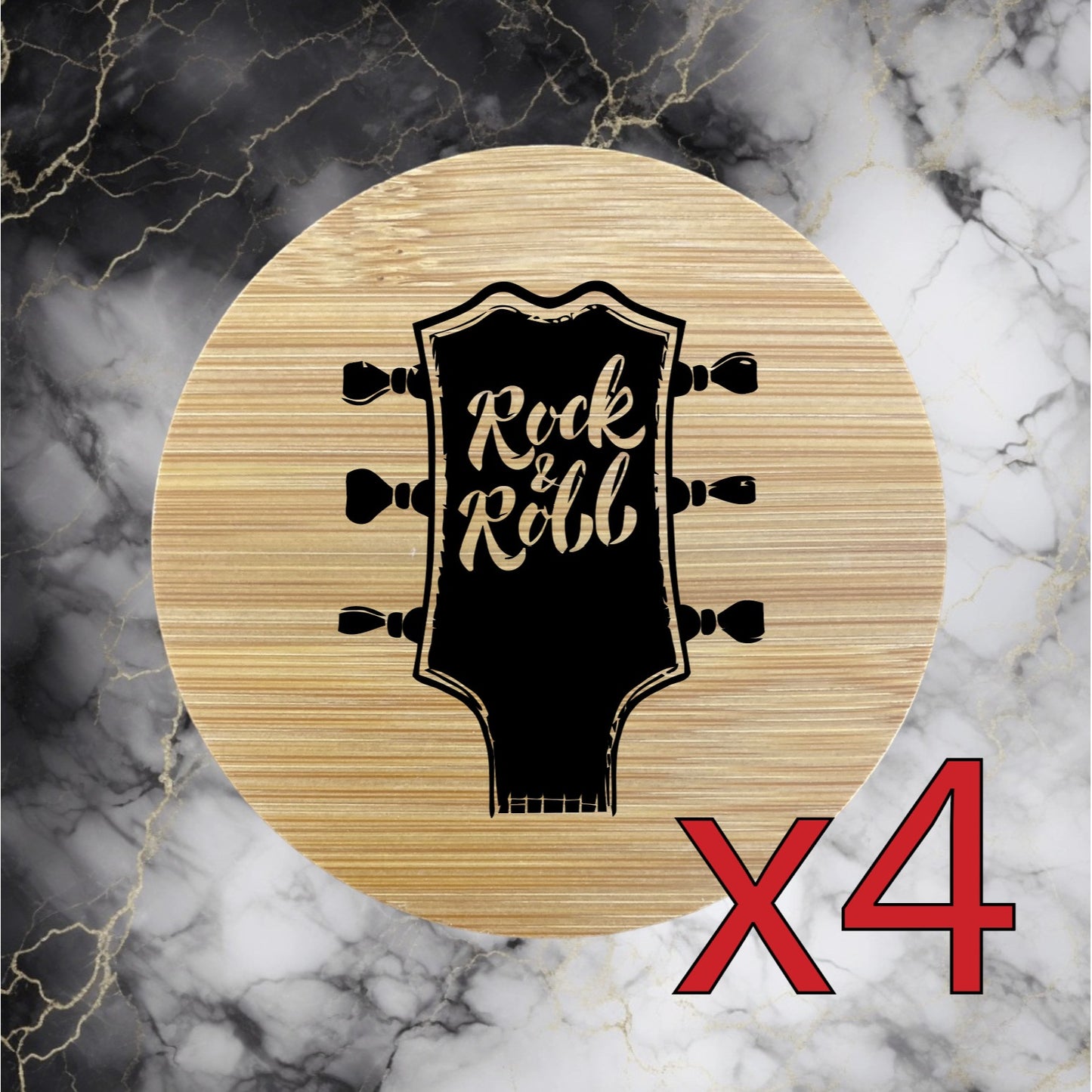 Rock & Roll x4 Bamboo Coasters Drink Natural Wood Home Decor Lounge Guitar NEW