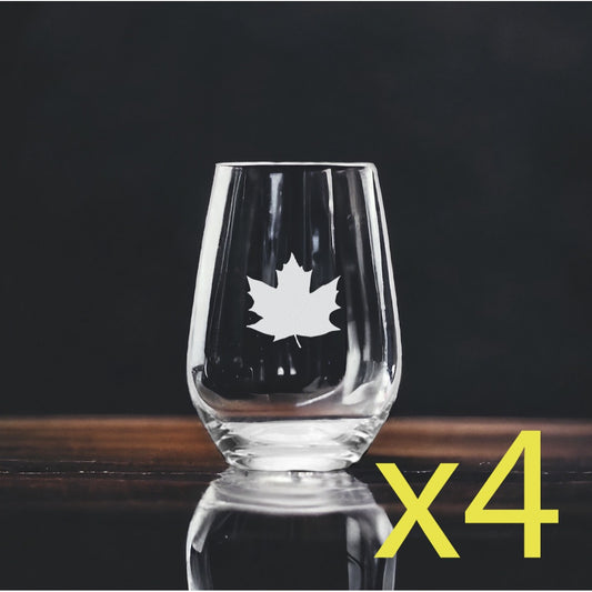 Maple Leaf Stemless Wine Glasses x4 Premium 15 Oz Personalize Syrup Tree NEW