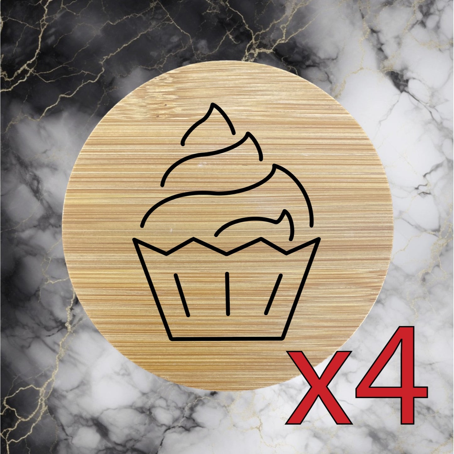 Cupcake x4 Bamboo Coasters Drink Natural Wood Home Decor Lounge Dessert Food NEW