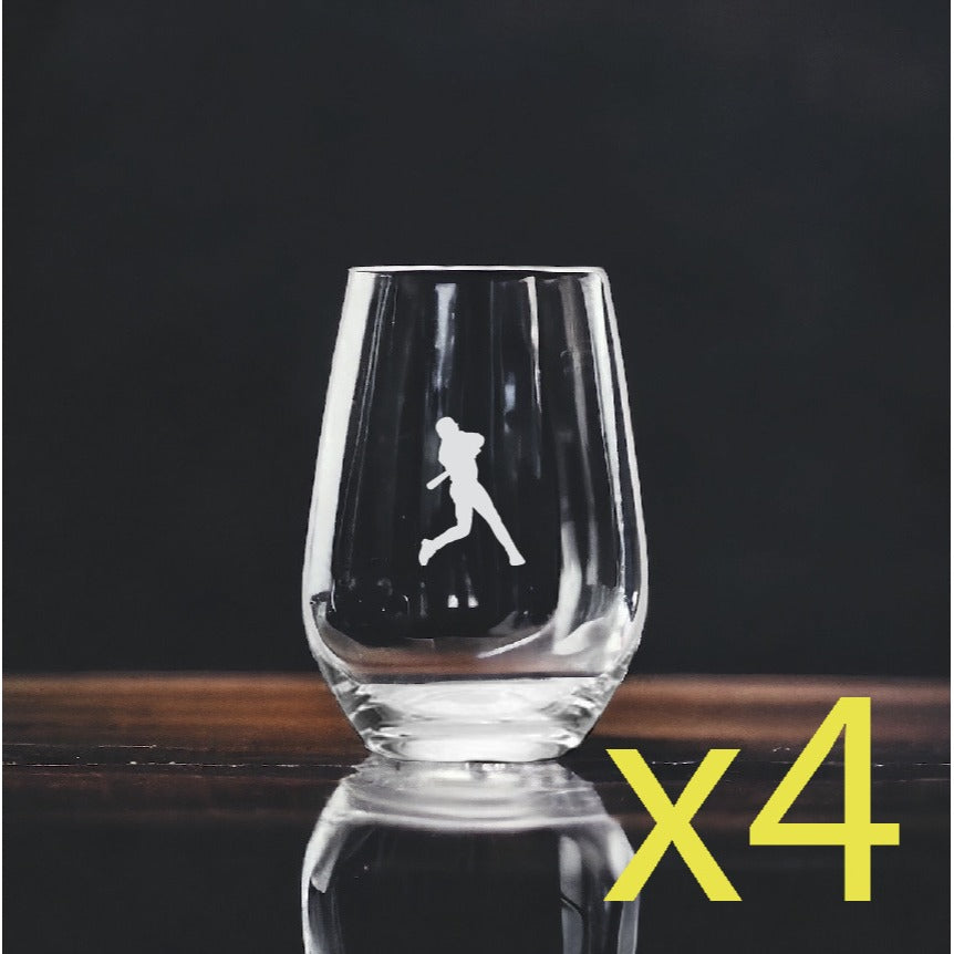 Baseball Player Stemless Wine Glasses x4 Premium 15 Oz Personalize Swing NEW