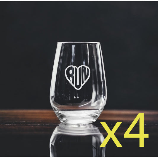 Run Heart Stemless Wine Glasses x4 Premium 15 Oz Personalize Cardio Gym Work NEW