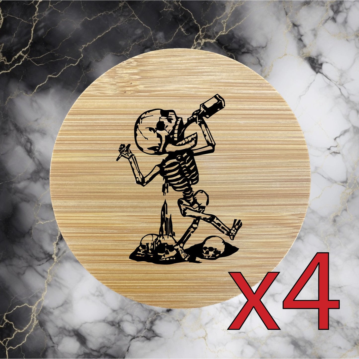 Drunk Skeleton x4 Bamboo Coasters Drink Natural Wood Home Decor Lounge Beer NEW