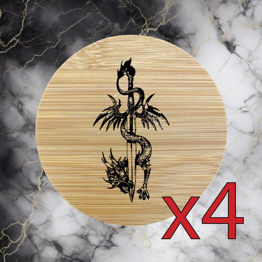 Dragon Sword x4 Bamboo Coasters Drink Natural Wood Home Decor Lounge NEW