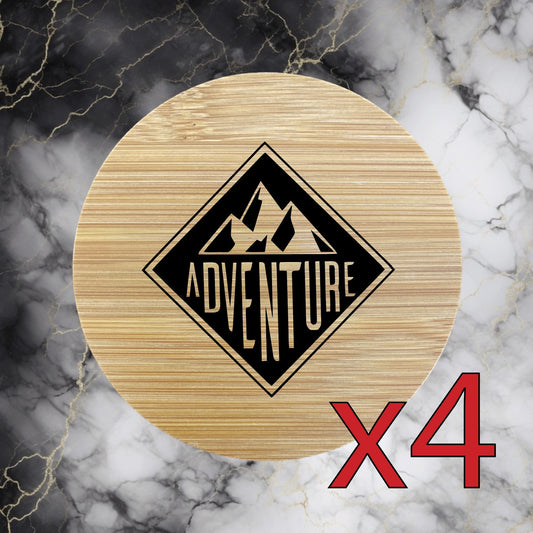 Adventure x4 Bamboo Coasters Drink Natural Wood Home Decor Lounge Outdoors NEW