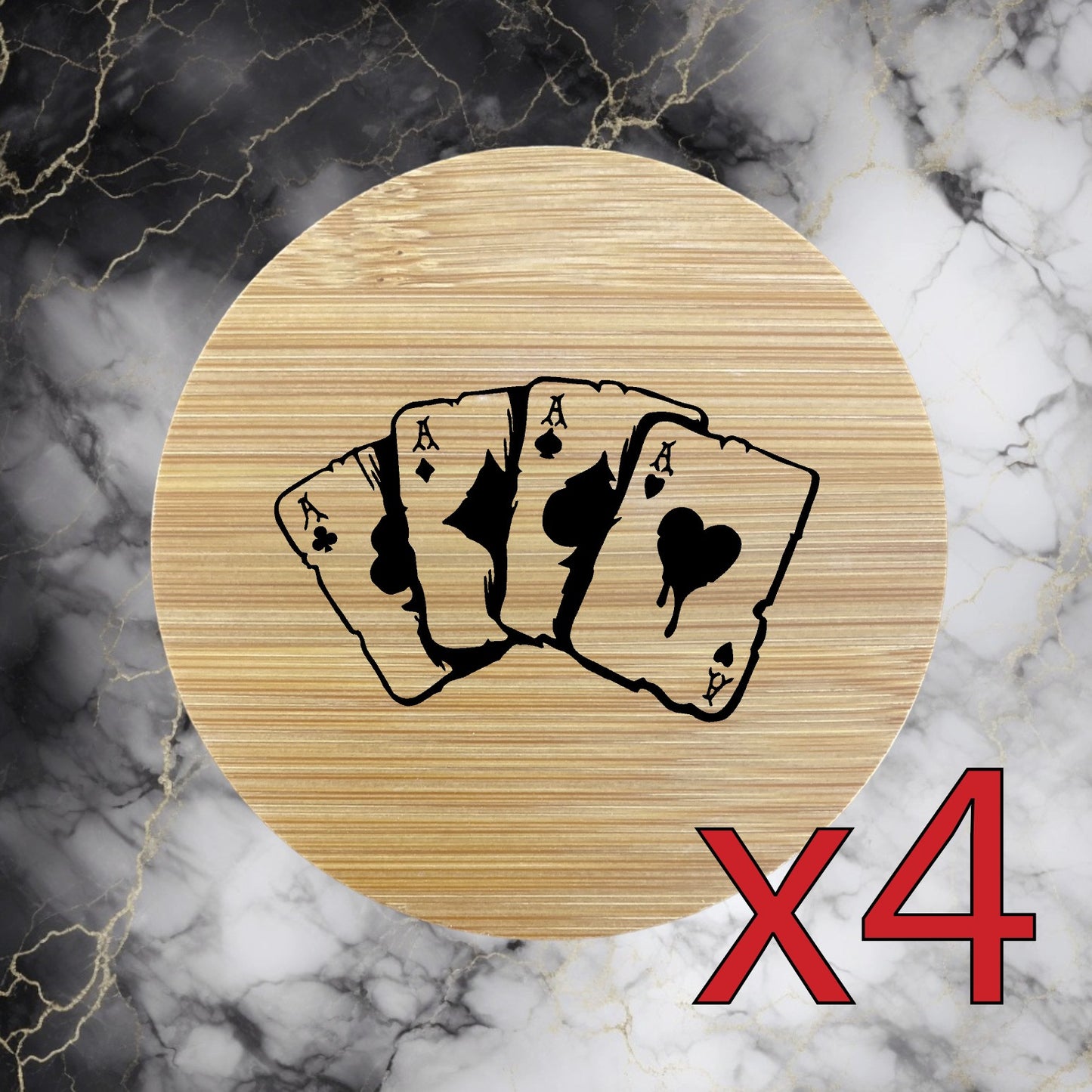 Hand of Aces x4 Bamboo Coasters Drink Natural Wood Home Decor Lounge Cards NEW