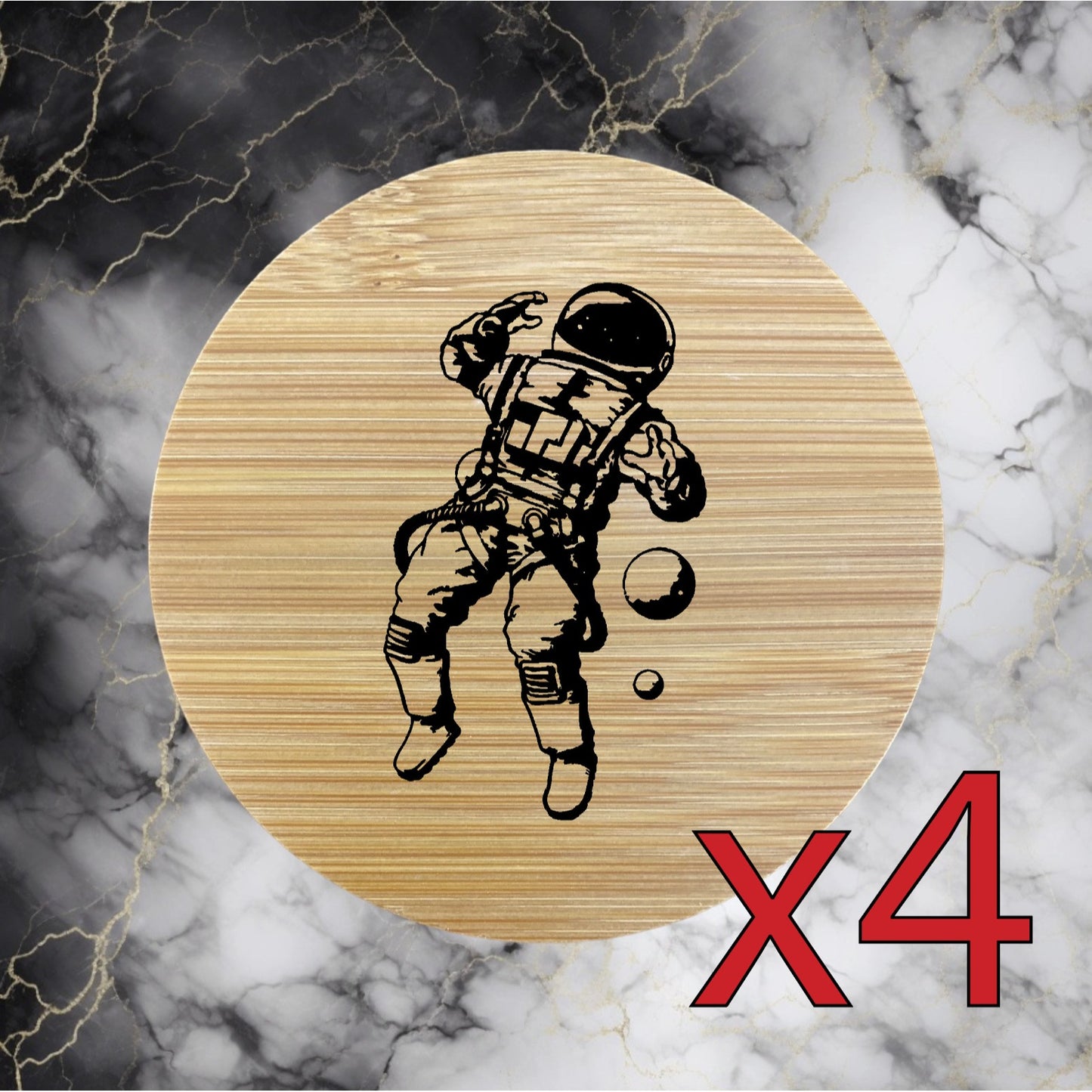 Astronaut x4 Bamboo Coasters Drink Natural Wood Home Decor Lounge Space NEW