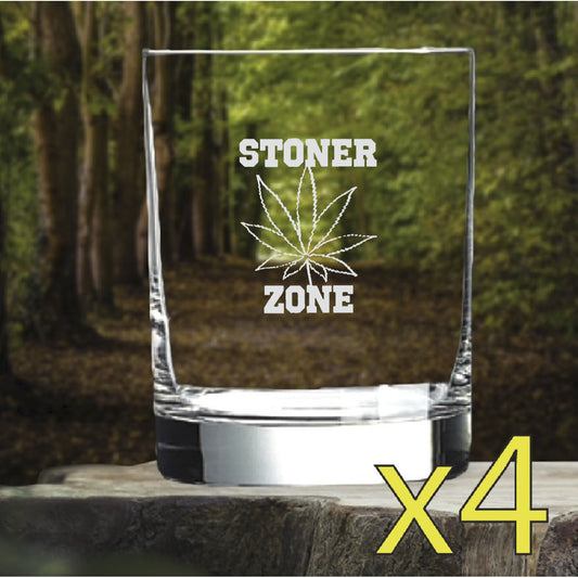 Stoner Zone Whiskey Glasses x4 Double 14 Oz Premium Old Fashioned 420 Weed NEW