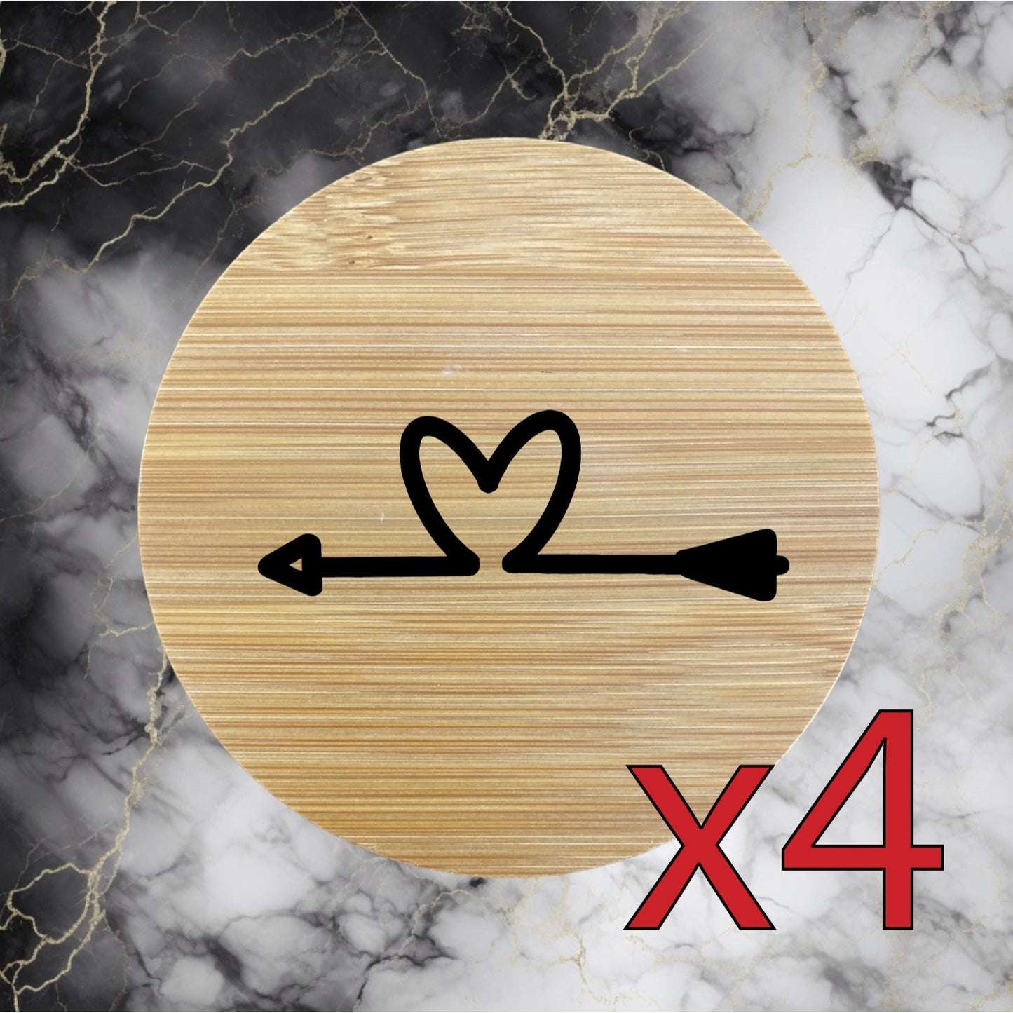 Arrow Heart x4 Bamboo Coasters Drink Natural Wood Home Decor Lounge Love NEW