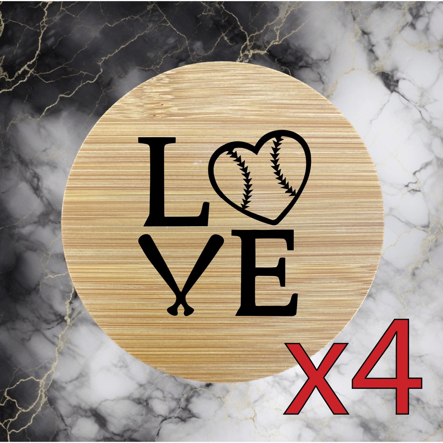 Love Baseball x4 Bamboo Coasters Drink Natural Wood Home Decor Lounge Heart NEW