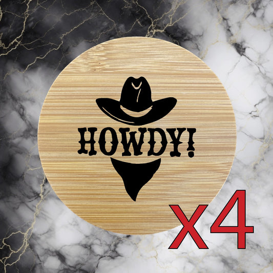 Howdy x4 Bamboo Coasters Drink Natural Wood Home Decor Lounge Cowboy Hat NEW