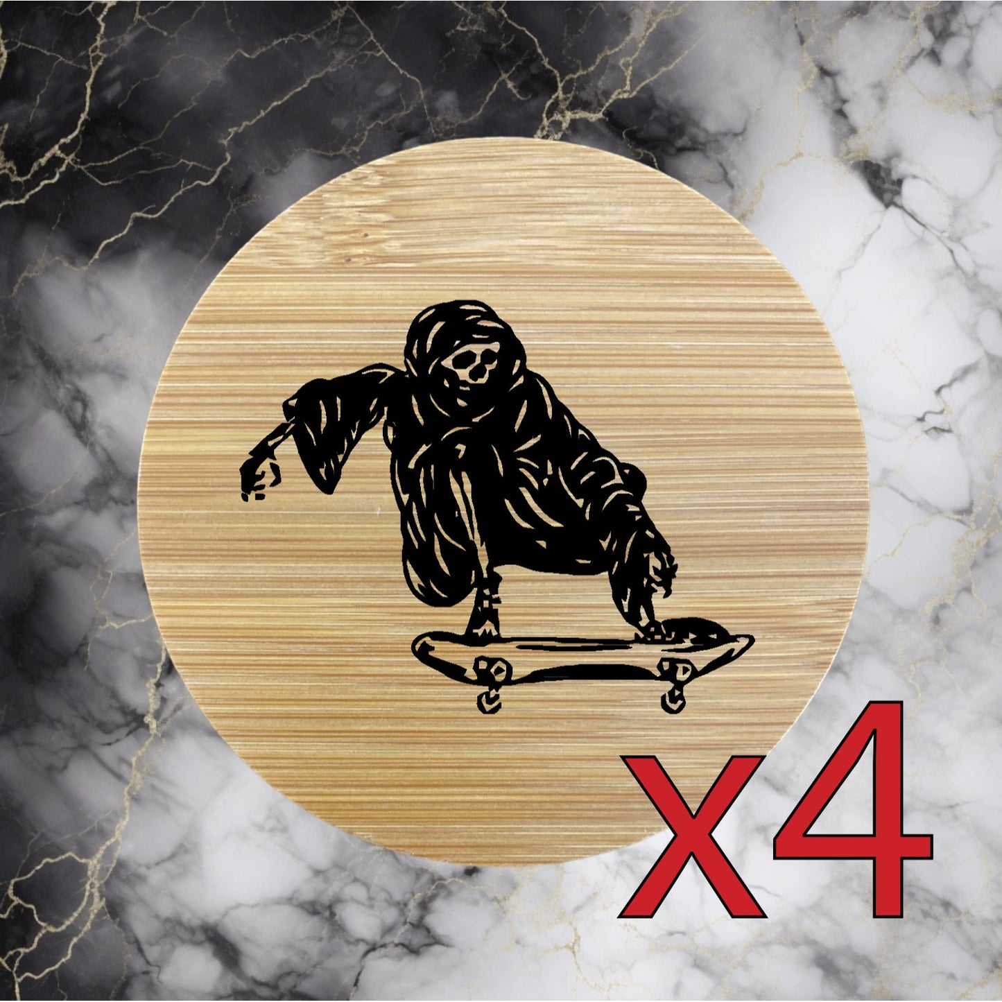 Grim Reaper x4 Bamboo Coasters Drink Natural Wood Home Decor Lounge Skater NEW