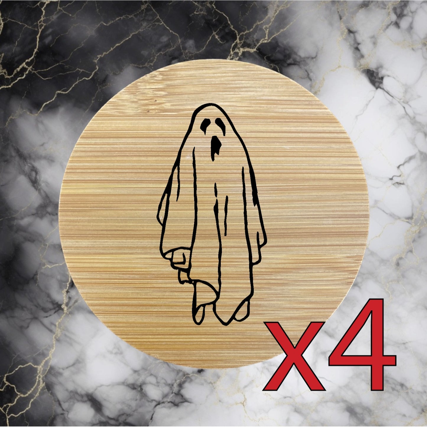 Ghost x4 Bamboo Coasters Drink Natural Wood Home Decor Lounge Horror Scary NEW