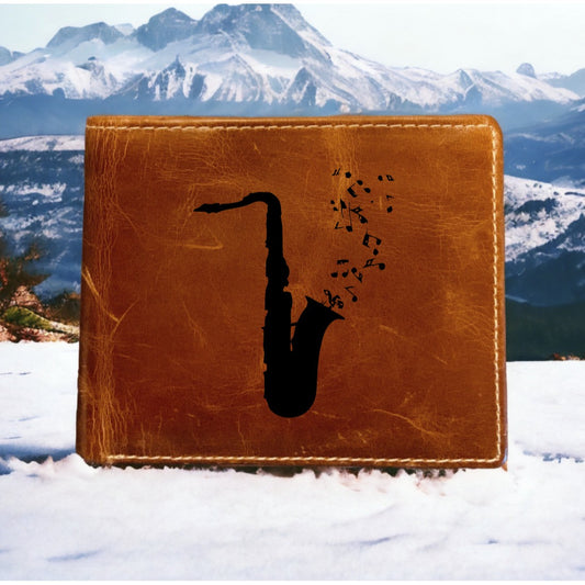 Saxophone Leather Wallet Bifold Premium Quality Buffalo Music Band Gift Jazz NEW