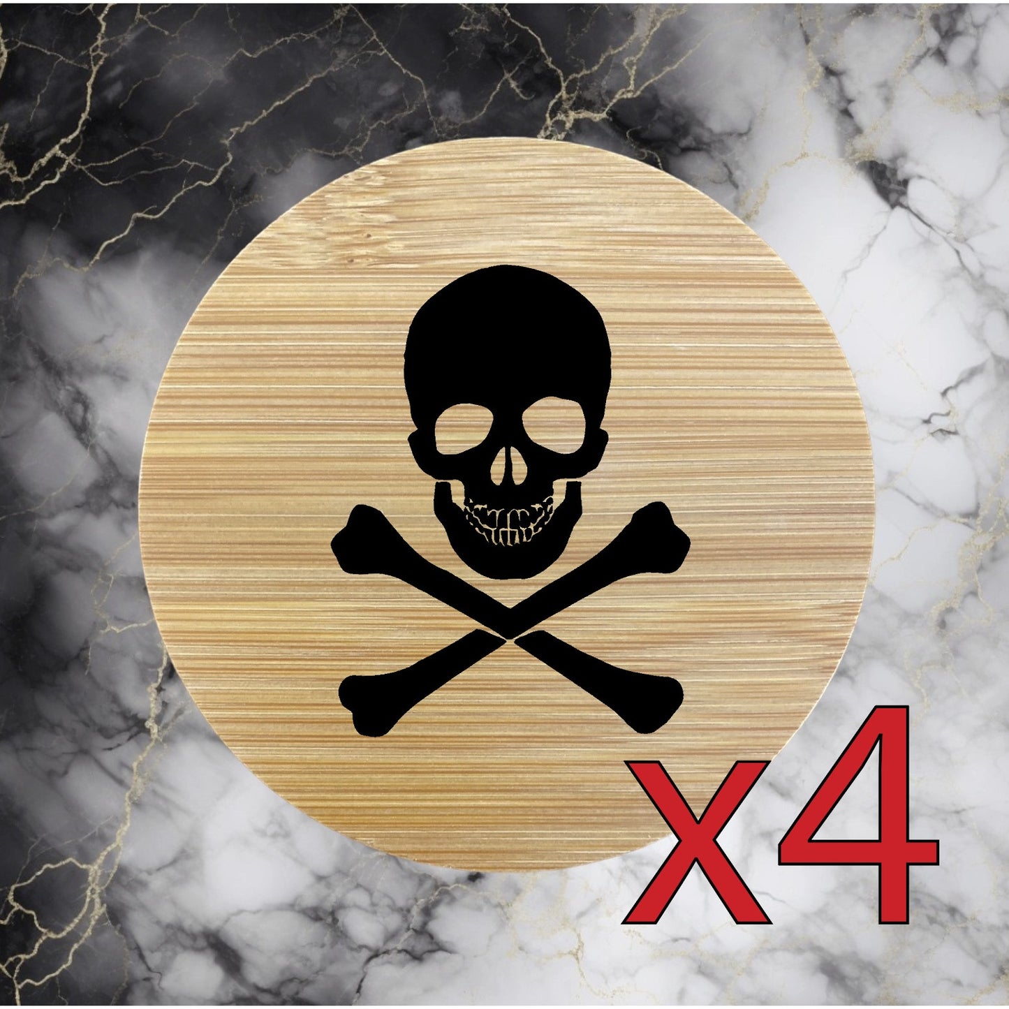 Skull Cross Bones x4 Bamboo Coasters Drink Natural Wood Home Decor Lounge NEW