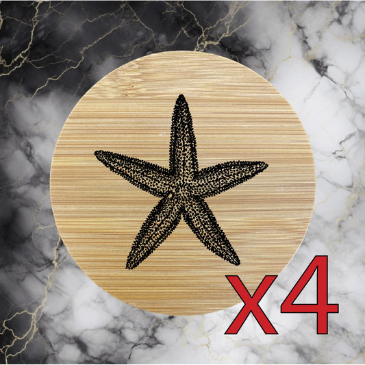 Starfish x4 Bamboo Coasters Drink Natural Wood Home Decor Lounge Animal NEW