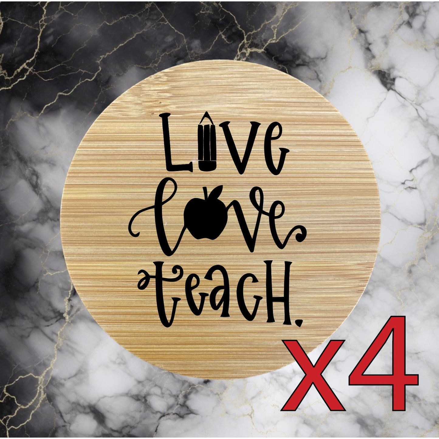 Live Love Teach x4 Bamboo Coasters Drink Natural Wood Home Decor Lounge NEW