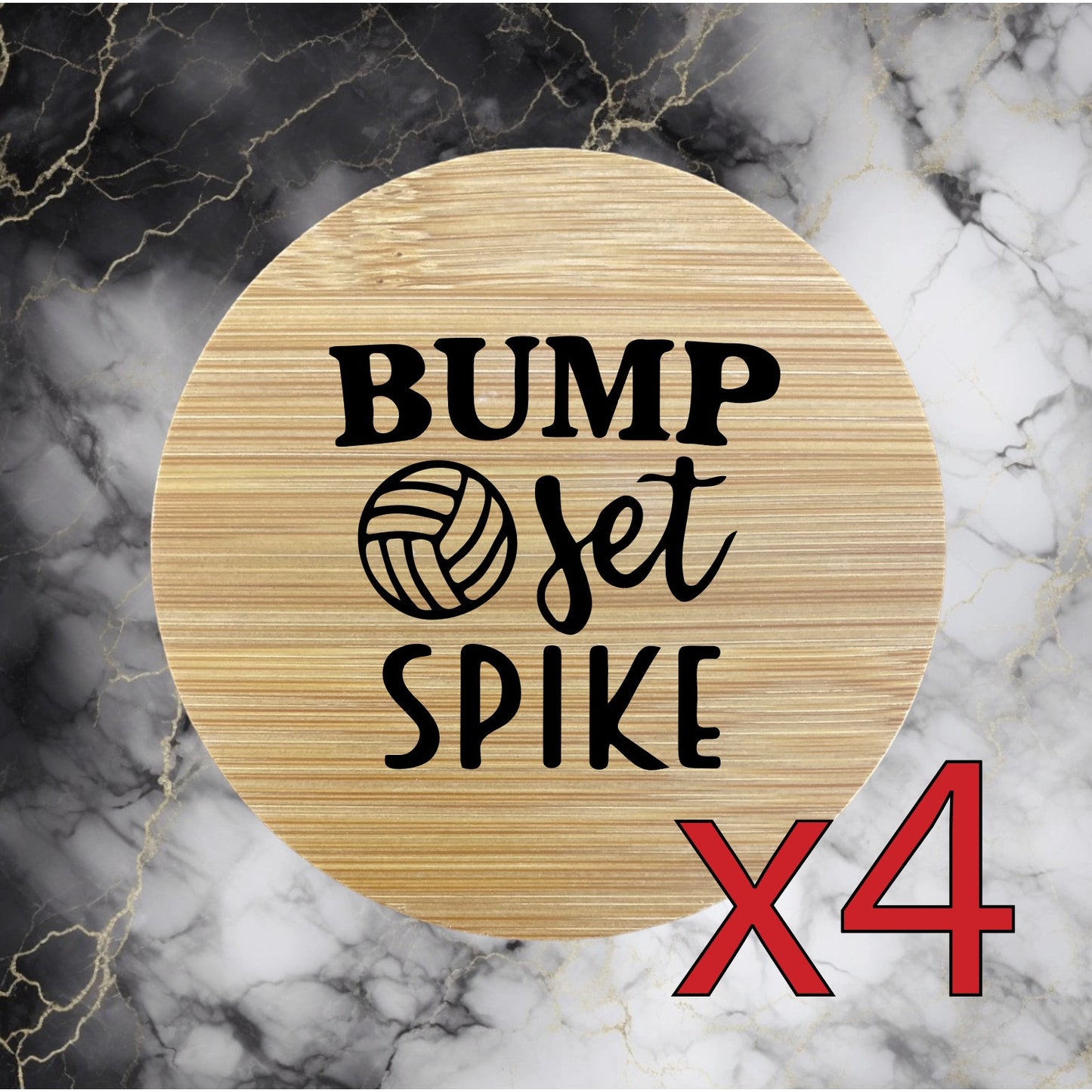 Volleyball x4 Bamboo Coasters Drink Natural Wood Home Decor Lounge Bump Set NEW