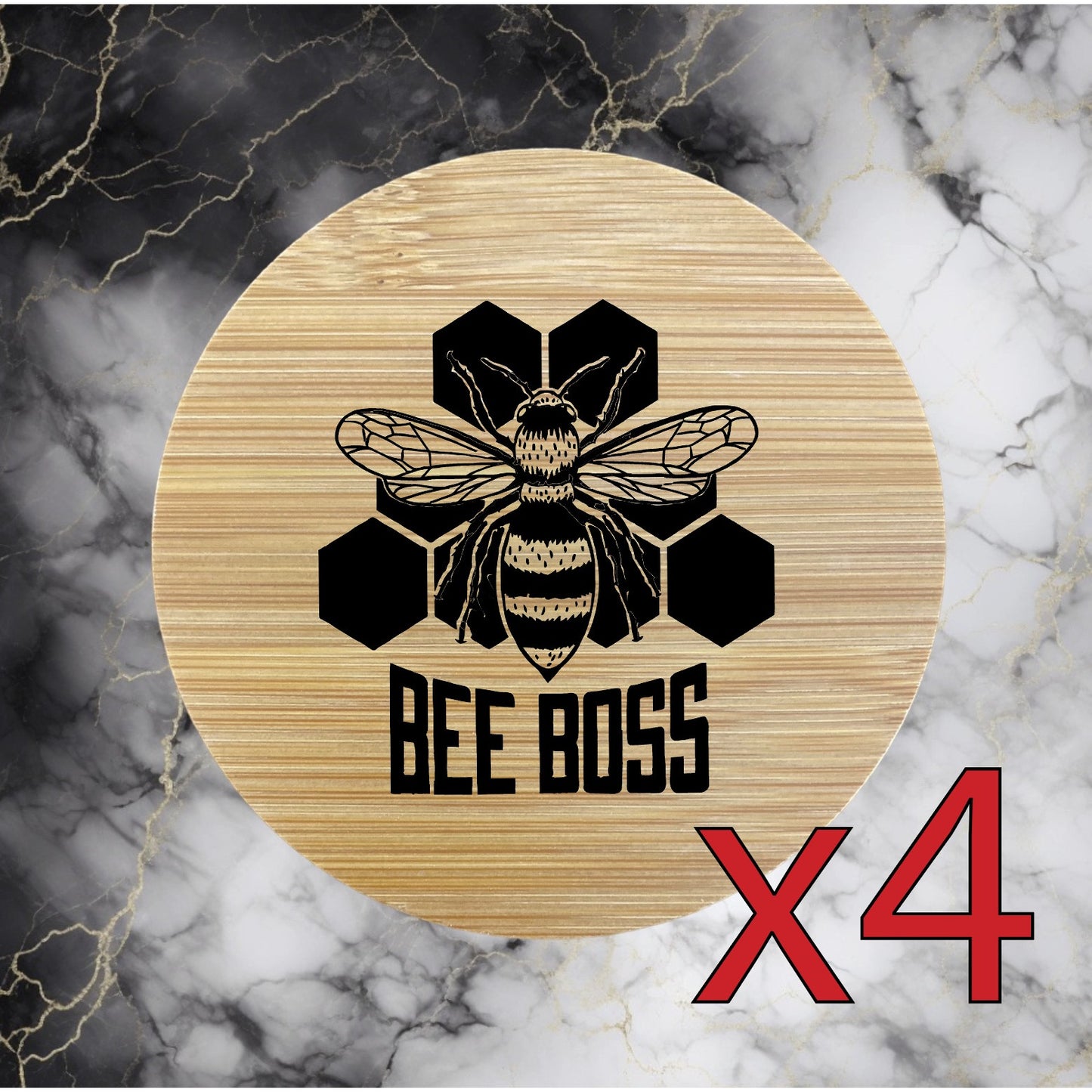 Bee Boss x4 Bamboo Coasters Drink Natural Wood Home Decor Lounge Honeycomb NEW