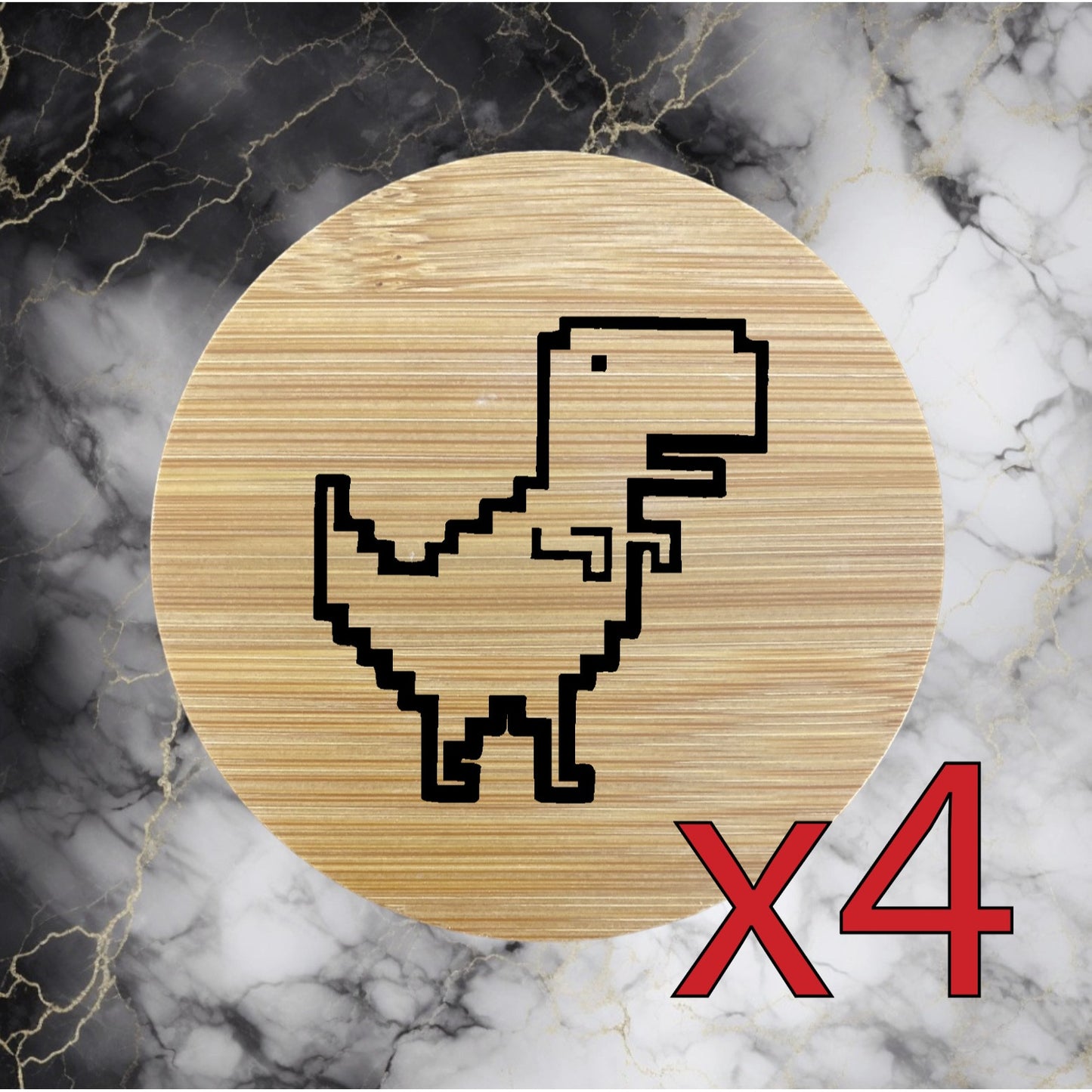 T-Rex x4 Bamboo Coasters Drink Natural Wood Home Decor Lounge Pixel Cartoon NEW