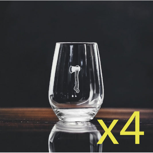 Axe Stemless Wine Glasses x4 Premium 15 Oz Personalize Outdoor Woods Nature NEW