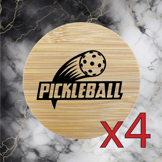 Pickleball x4 Bamboo Coasters Drink Natural Wood Home Decor Lounge Sport NEW