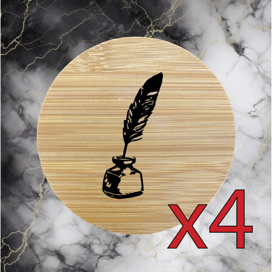 Quill and Ink x4 Bamboo Coasters Drink Natural Wood Home Decor Lounge Retro NEW