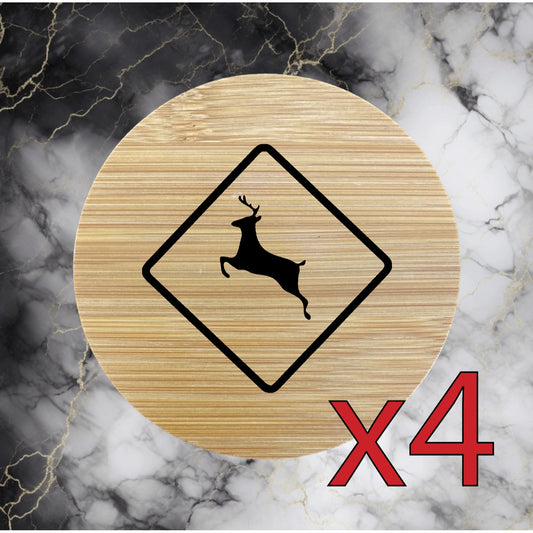 Deer Sign x4 Bamboo Coasters Drink Natural Wood Home Decor Lounge Buck NEW