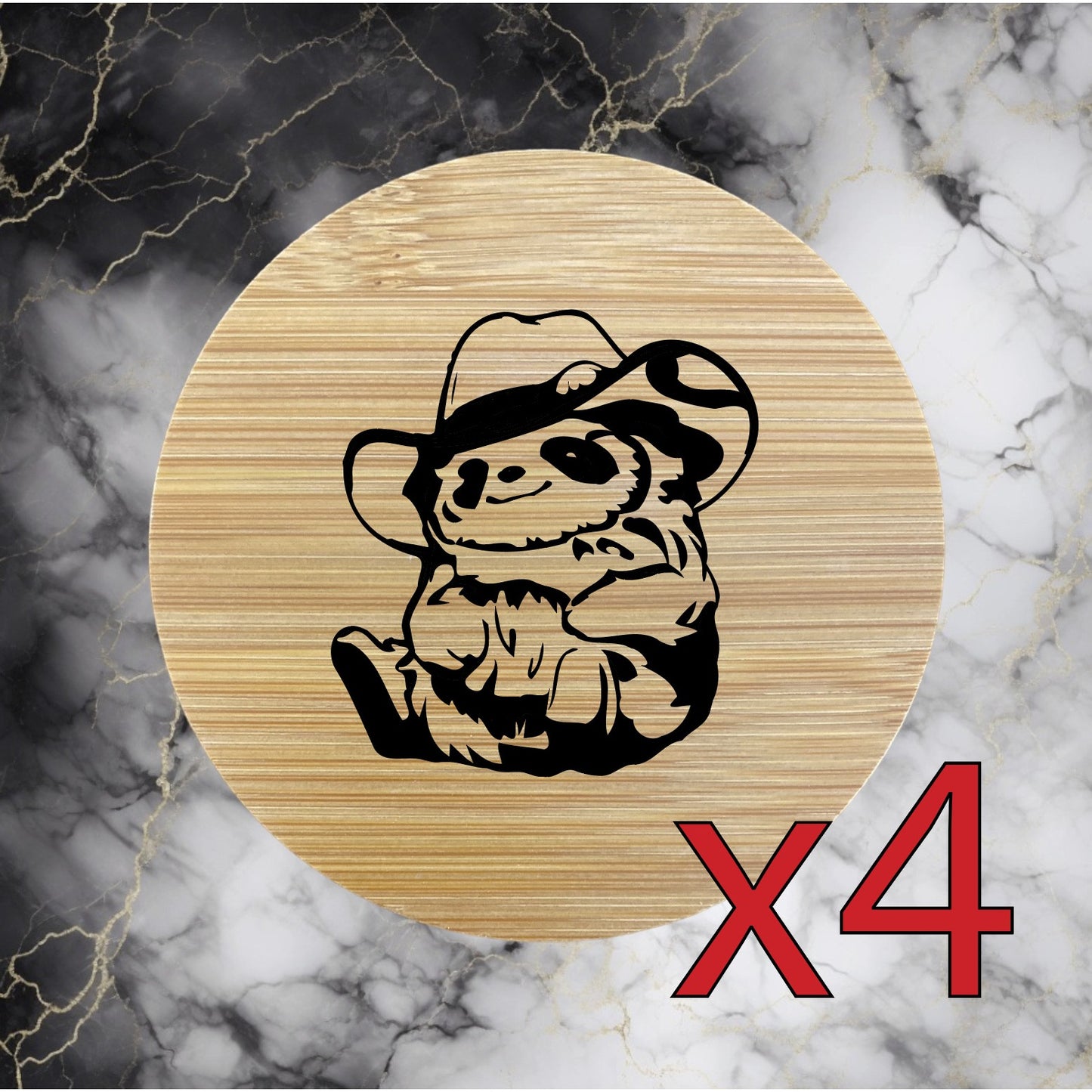 Sloth Cowboy x4 Bamboo Coasters Drink Natural Wood Home Decor Lounge Gift NEW