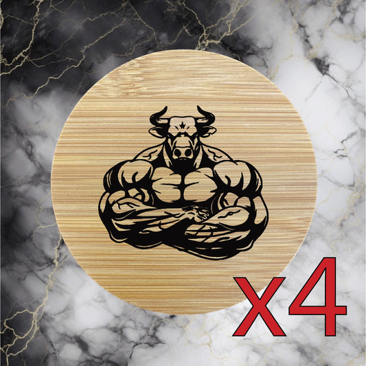 Bull x4 Bamboo Coasters Drink Natural Wood Home Decor Lounge Gym Workout NEW