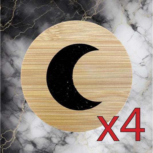 Crescent Moon x4 Bamboo Coasters Drink Natural Wood Home Decor Lounge Stars NEW