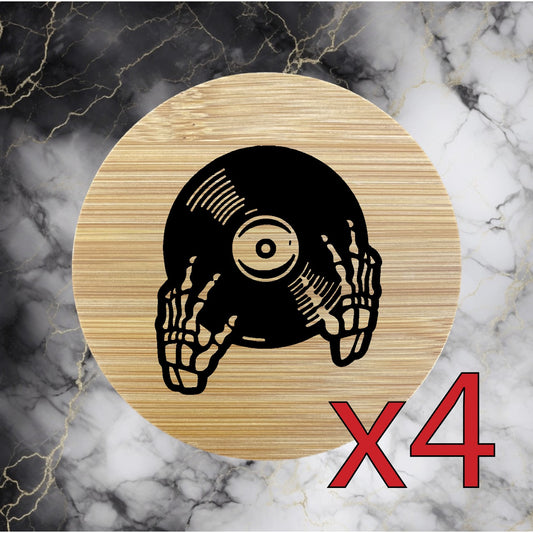 Skeleton DJ x4 Bamboo Coasters Drink Natural Wood Home Decor Lounge Music NEW