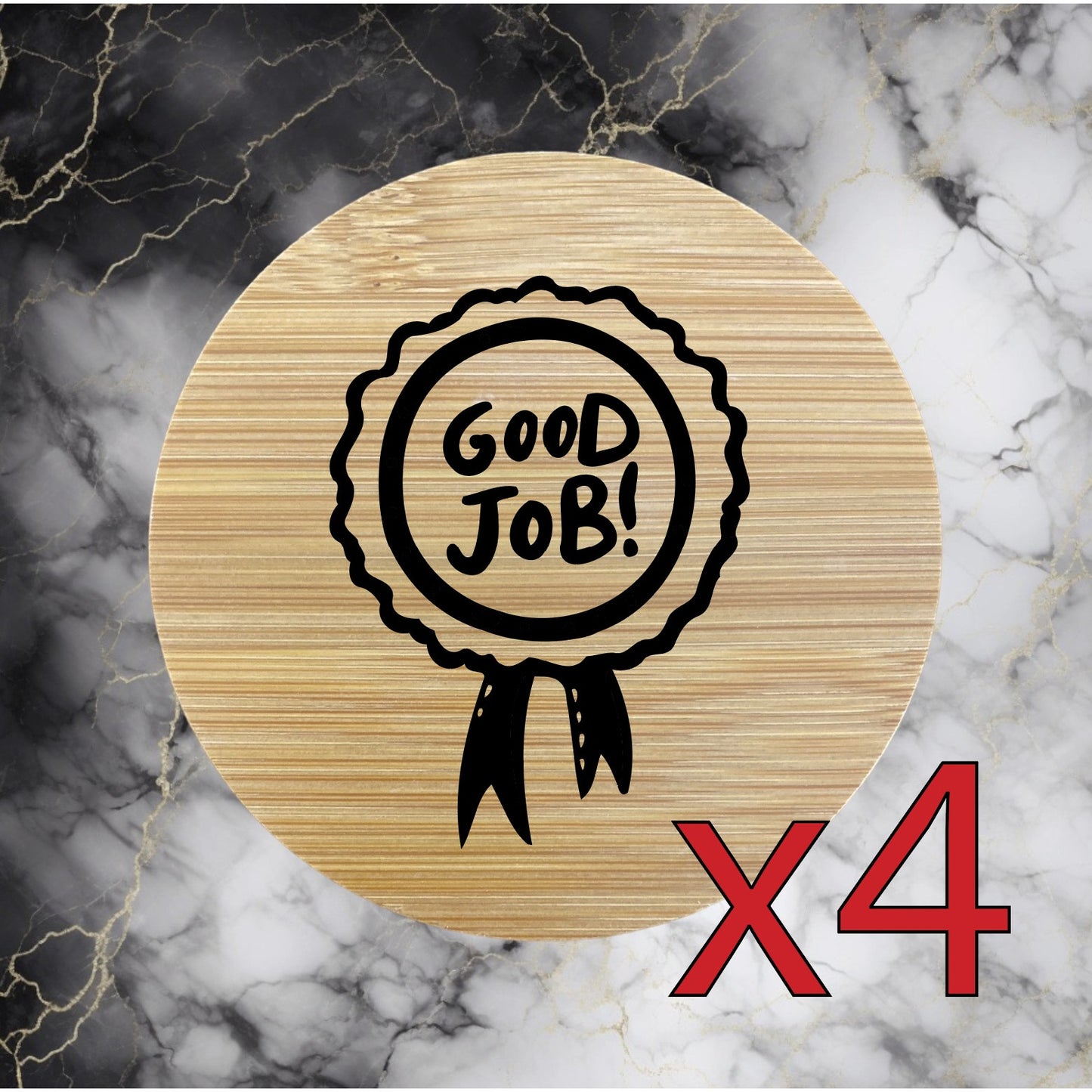 Good Job x4 Bamboo Coasters Drink Natural Wood Home Decor Lounge Ribbon NEW