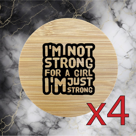 Strong Girl x4 Bamboo Coasters Drink Natural Wood Home Decor Lounge Gym NEW