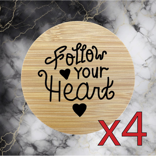 Follow Your Heart x4 Bamboo Coasters Drink Natural Wood Home Decor Lounge NEW