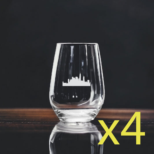 City Skyline Stemless Wine Glasses x4 Premium 15 Oz Personalize Buildings NEW